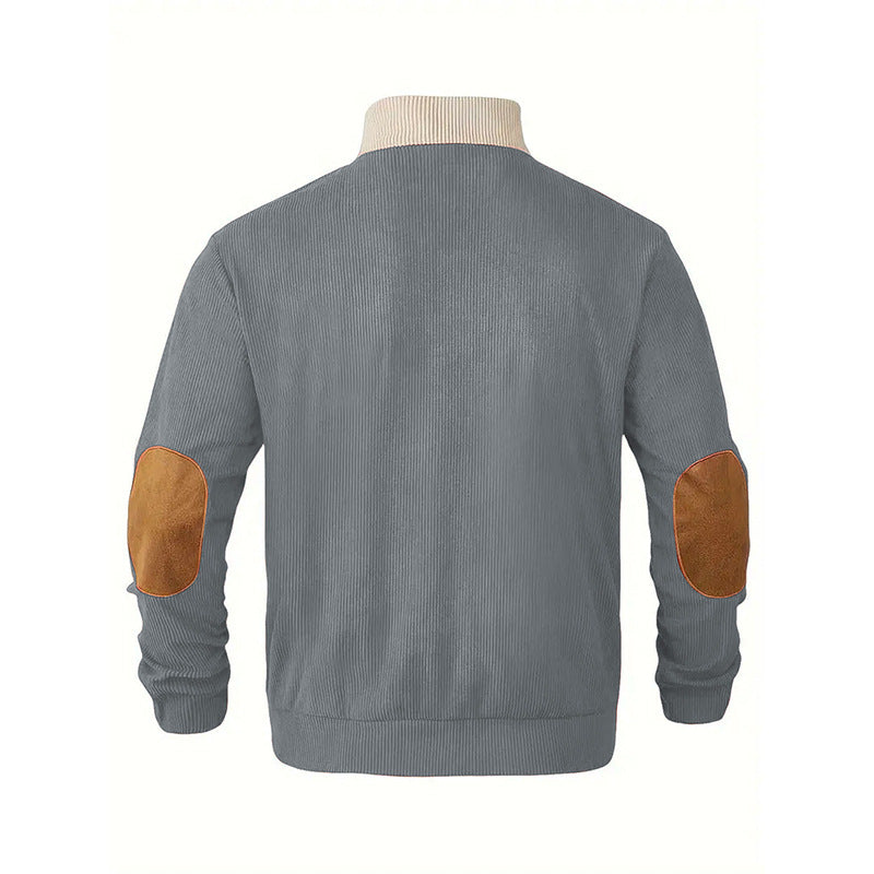 Men's Structured Half-Button Sweater with Stand Collar, Ribbed Texture and Elbow Patches Chichicherry