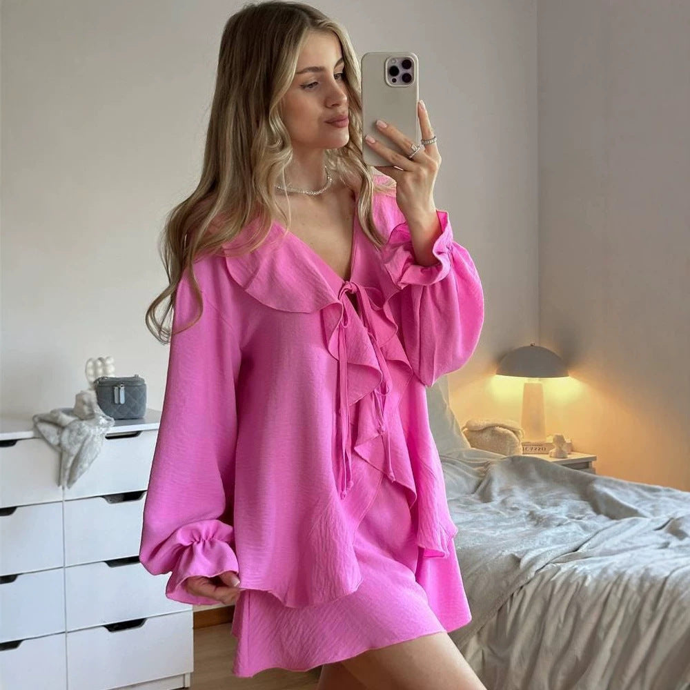 Women's Playful Ruffle Set made of lightweight Crepe Quality with Tie Blouse and A-Line Mini Skirt Chichicherry