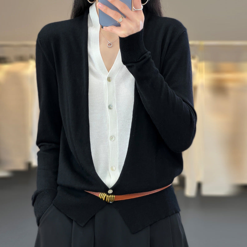 Ladies Lightweight Open Fine Knit Cardigan with Asymmetrical Pointed Edge and Fitted Silhouette Chichicherry