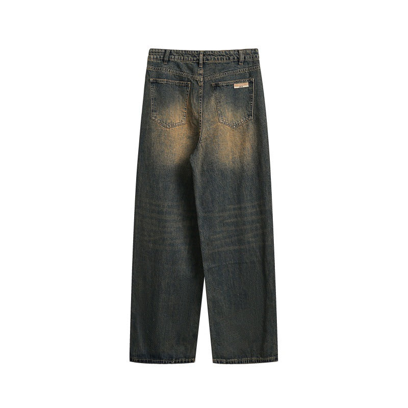 Women's Wide High-Waist Relaxed Jeans with Vintage Fading and Straight Leg Chichicherry