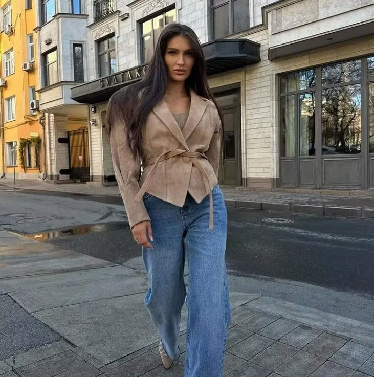 Women Suede Wrap Jacket with Waist Belt and Structured Shoulder Details Chichicherry
