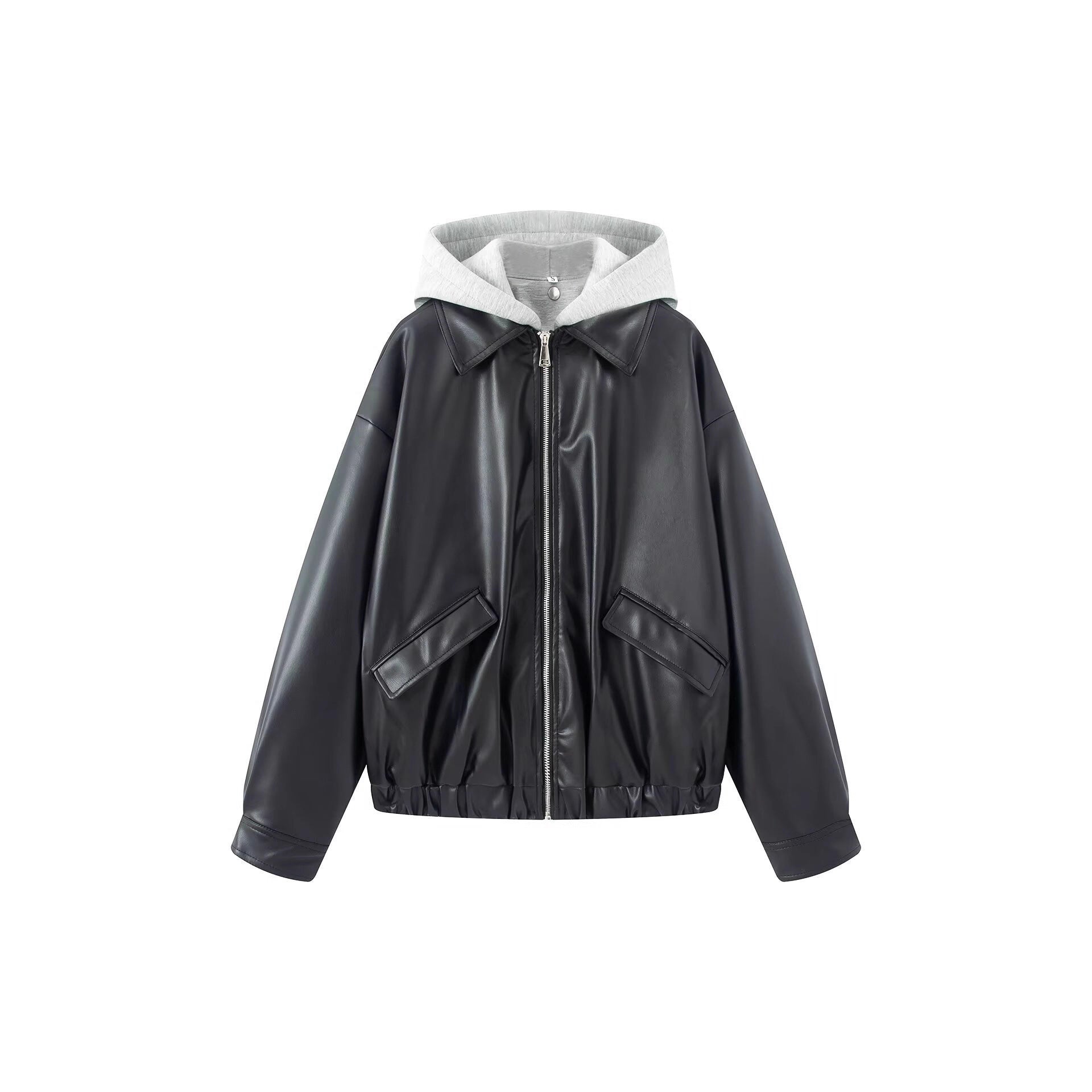 Women Oversize Faux Leather Blouson with Hood Insert and Flap Pockets Chichicherry
