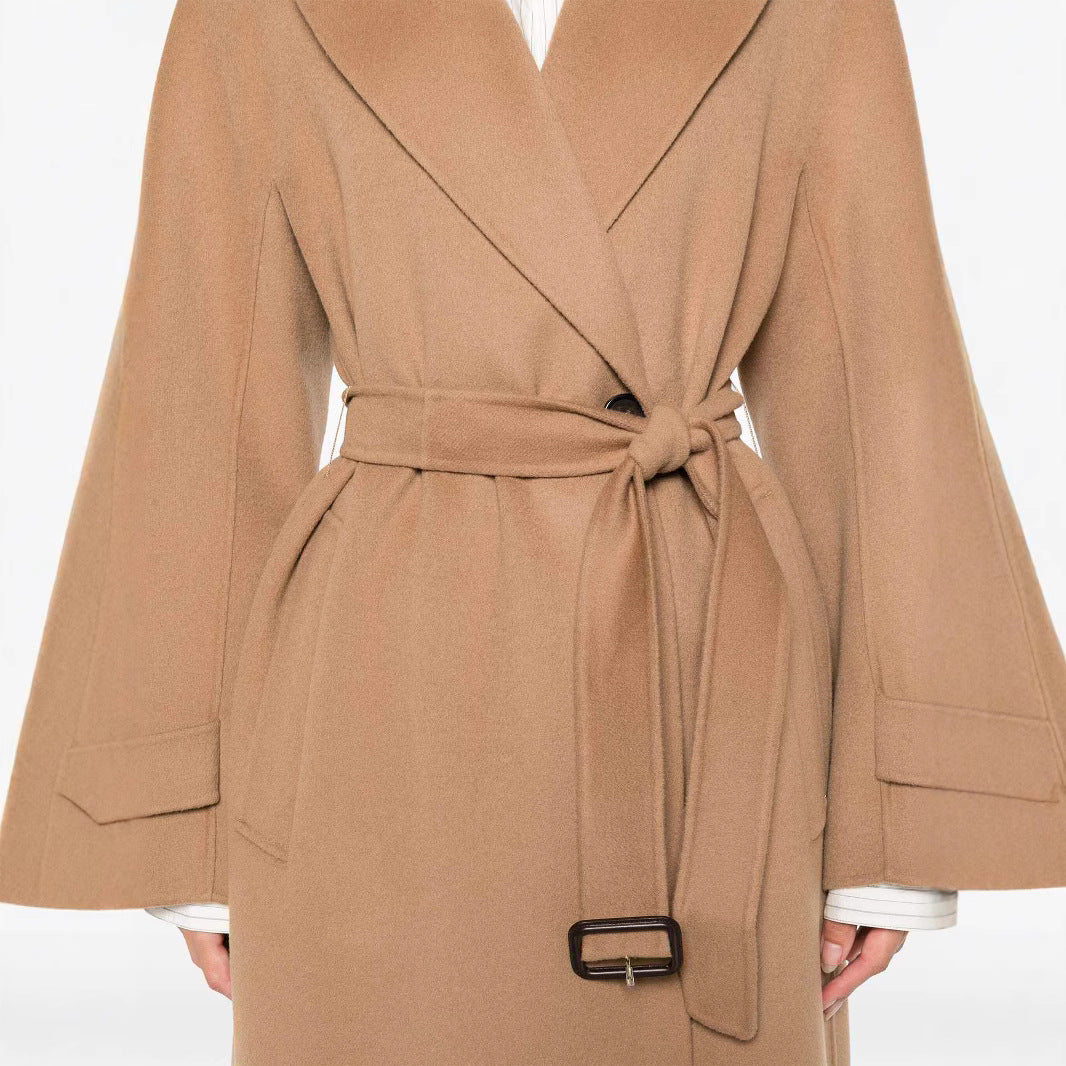 Women’s wrap coat made of wool blend with waist belt and oversized shoulder Chichicherry