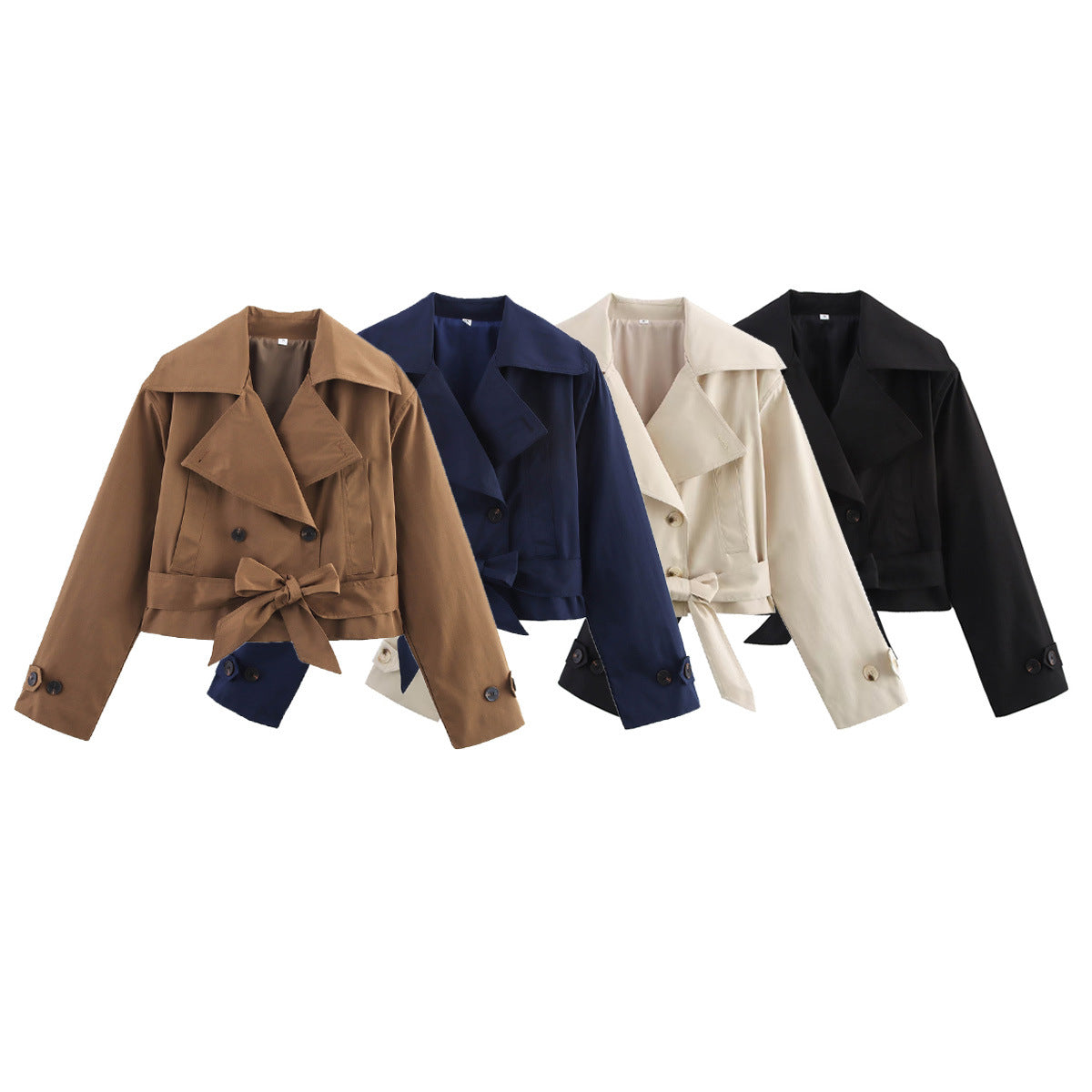 Women Short Cropped Trench Coat with Wide Shawl Collar, Waist Belt to Tie and Decorative Cuffs Chichicherry