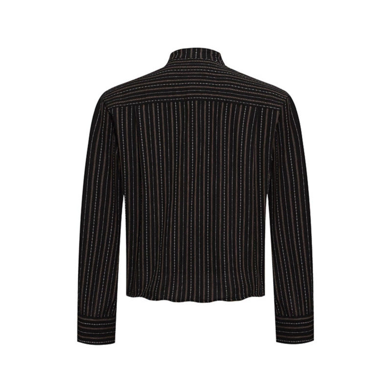 Men's Lightweight Long Sleeve Shirt with Stand-Up Collar, Fine Striped Pattern and Breast Pocket Chichicherry