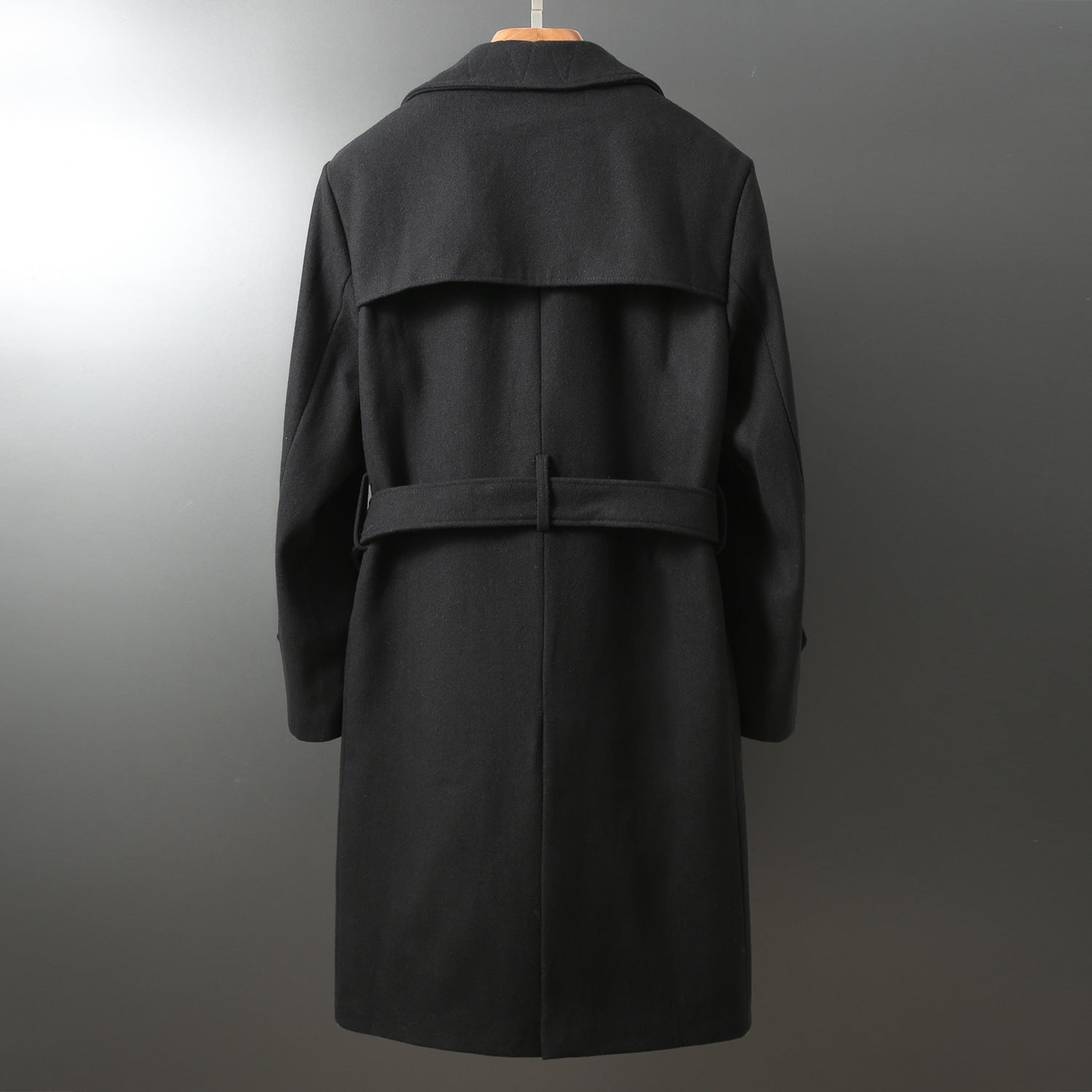 Men's Maxi Long Wool Coat in Trench Look with Double-Breasted Button Placket and Tie Belt Chichicherry