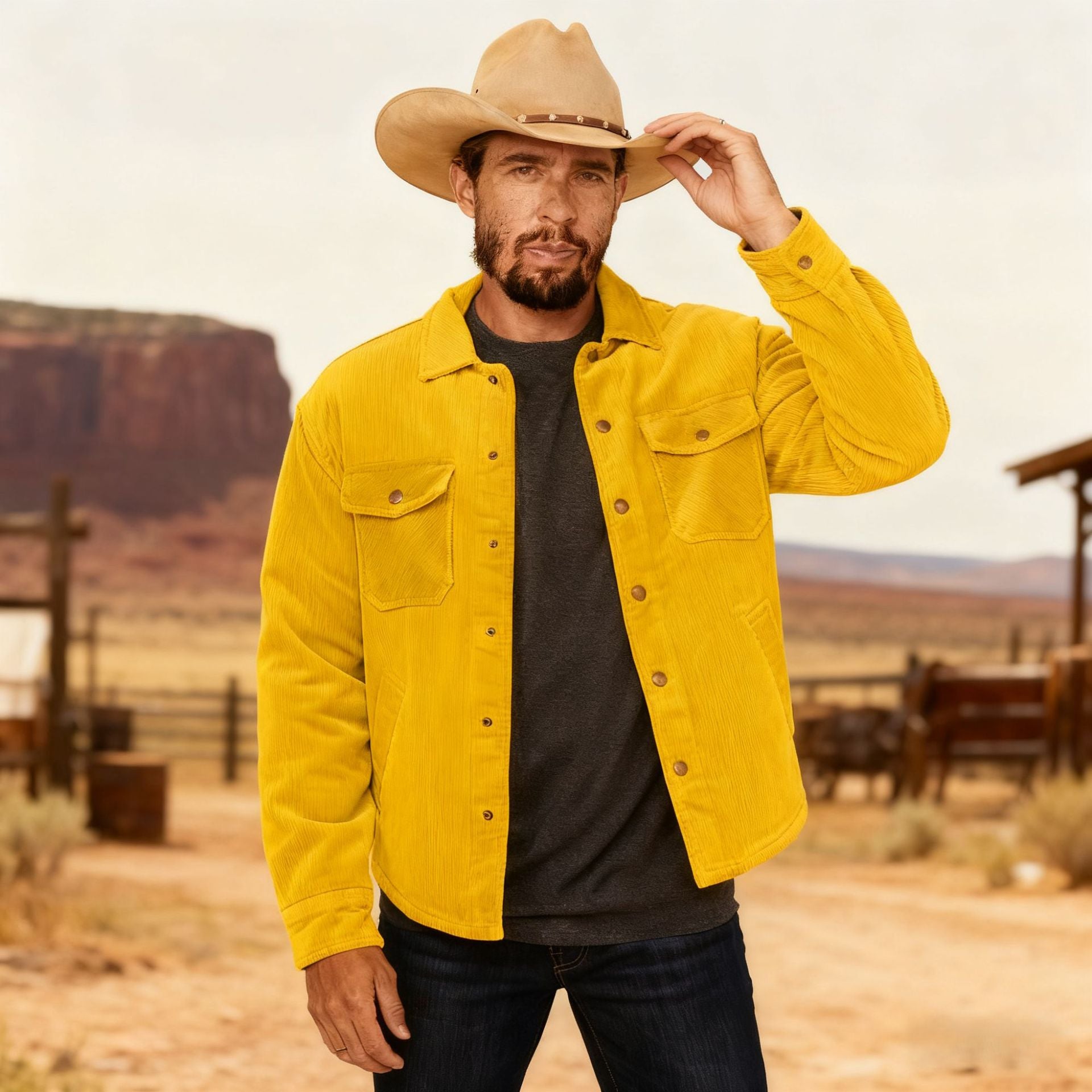 Men's Corduroy Shirt Jacket in Western Style with Flap Chest Pockets Chichicherry