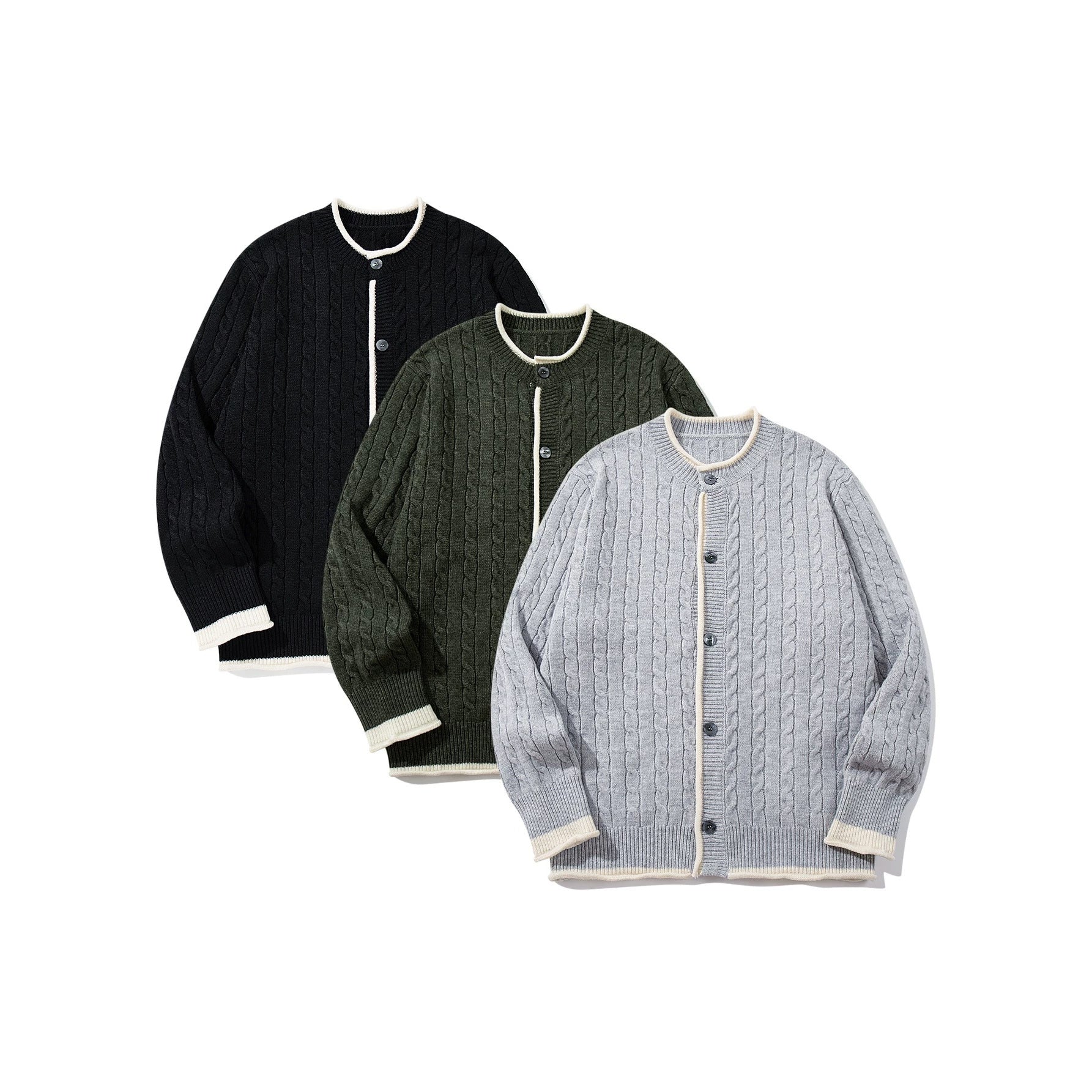Unisex Cable Knit Cardigan with Round Neck, Contrasting Cuffs and Continuous Button Placket Chichicherry