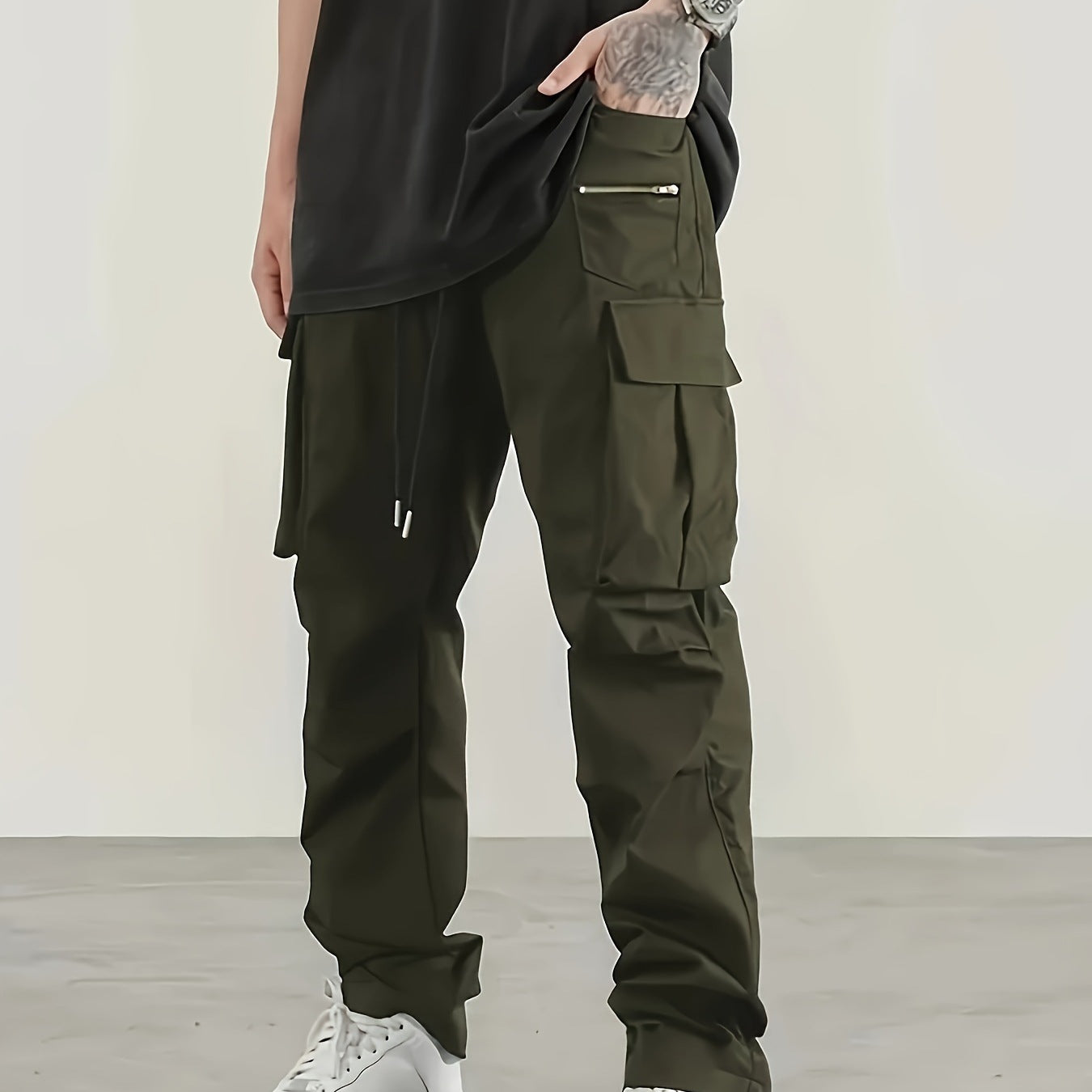 Men's utilitarian cargo pants with zip pocket, flaps & drawstring waist Chichicherry