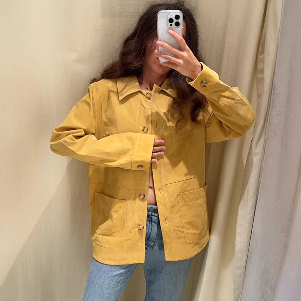 Women's Oversized Cotton Worker Jacket with Patch Pockets Chichicherry