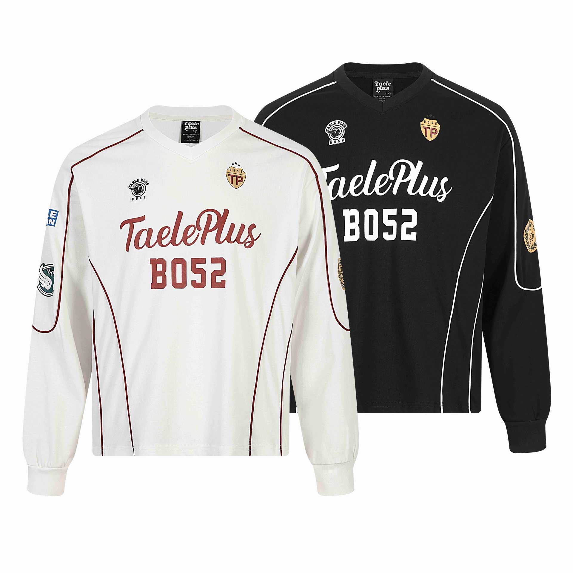 Men's retro-inspired long sleeve football jersey with V-neck and contrast piping Chichicherry