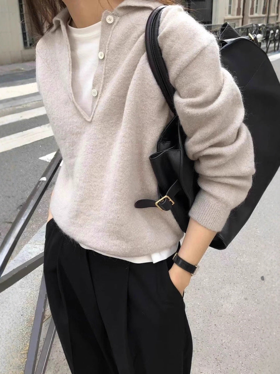 Women's Soft Hoodie in Mohair Look with Deep V-Neck and Half Button Placket Chichicherry