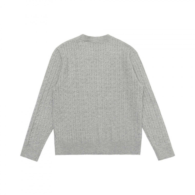 Unisex Short-cut Braid Knit Cardigan with Round Neck and Pearlescent Buttons Chichicherry