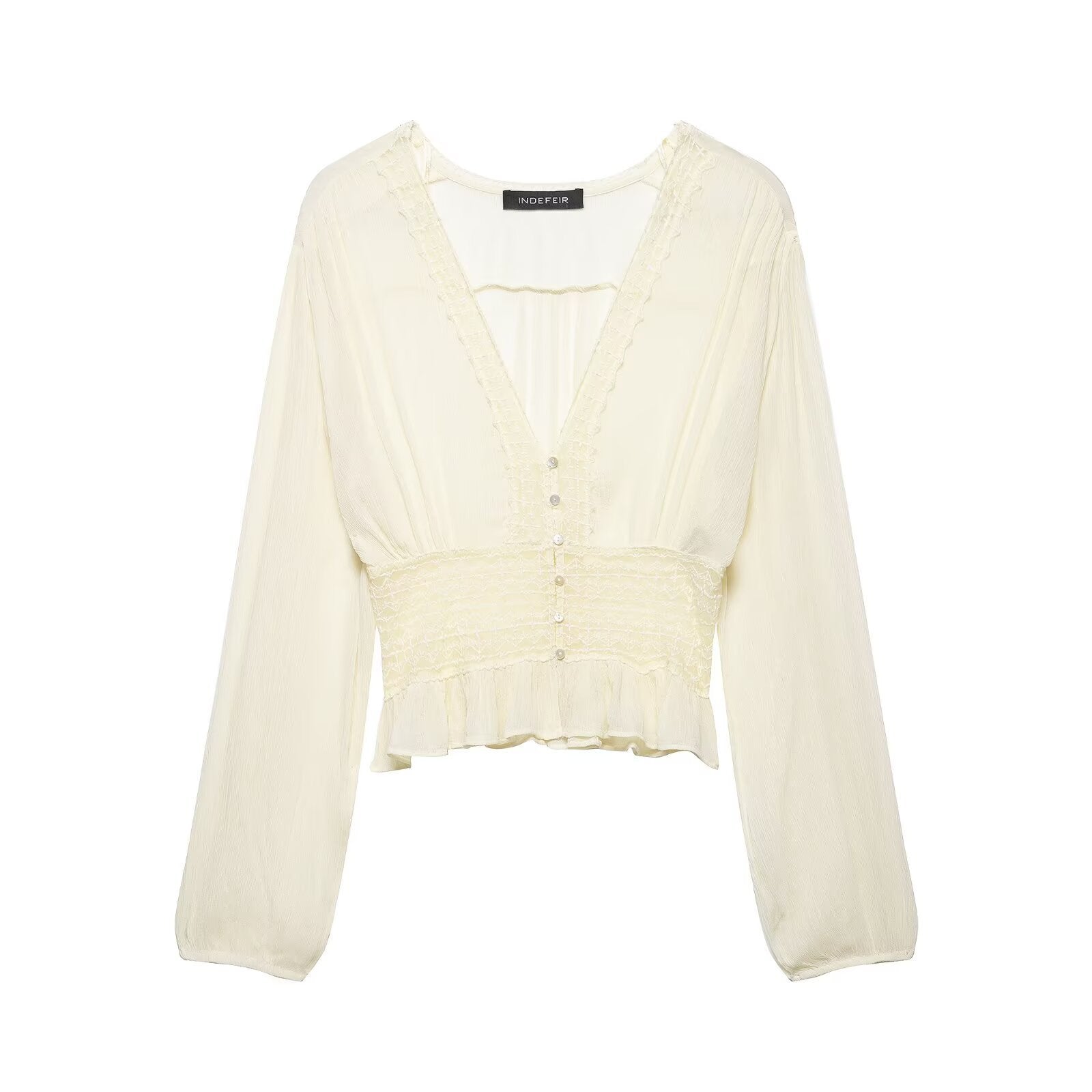 Women's Delicate Long Sleeve Blouse made of Crinkle Chiffon with Deep V Neckline, Smocked Waist and Ruffled Hem Chichicherry