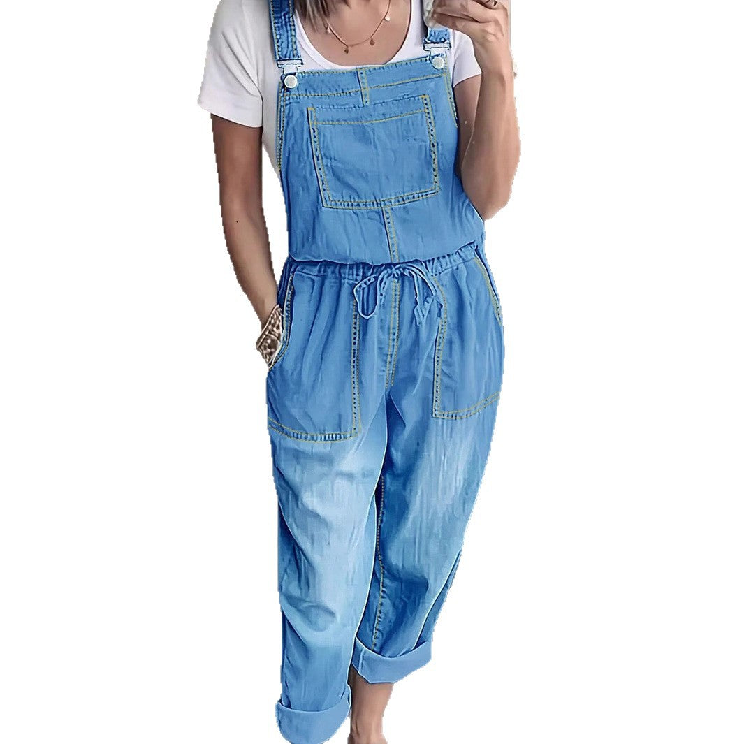 Women's Casual Denim Overall with Drawstring Waist and Patch Pockets Chichicherry