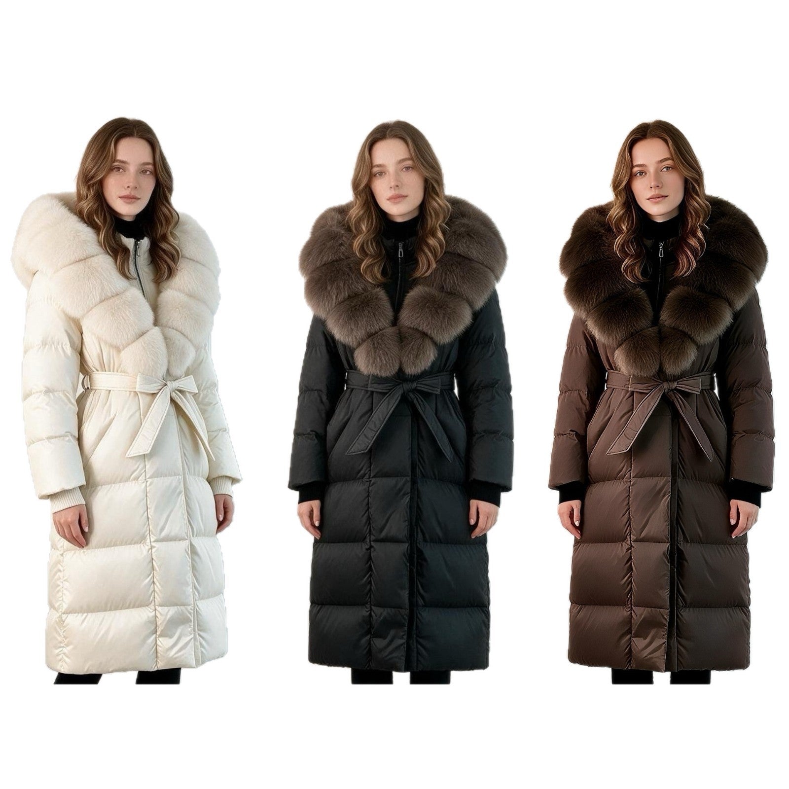Women's longer quilted coat with oversized fur collar and belt Chichicherry
