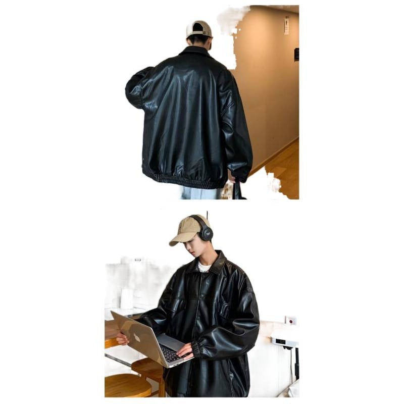 Herren Oversized PU-Leder-Shacket mit Pattentaschen und elastischen Bündchen Chichicherry