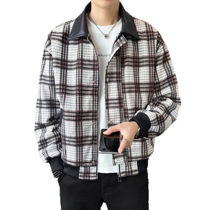 Men's Checkered Overshirt Jacket with Contrasting Faux Leather Collar and Ribbed Cuffs Chichicherry