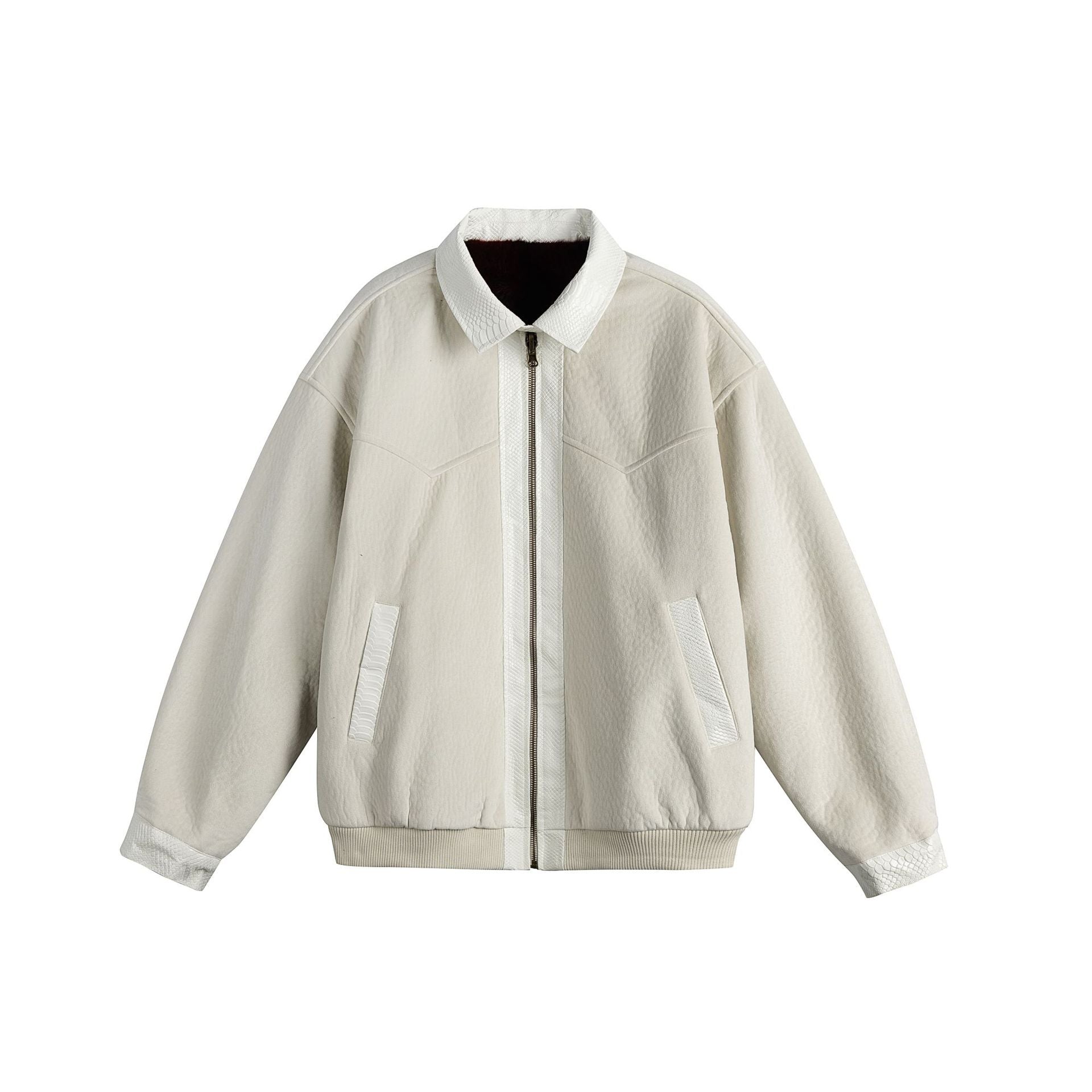 Unisex Oversize Blouson Jacket made of Velours-Suede with reptile embossed trim and warming teddy lining Chichicherry