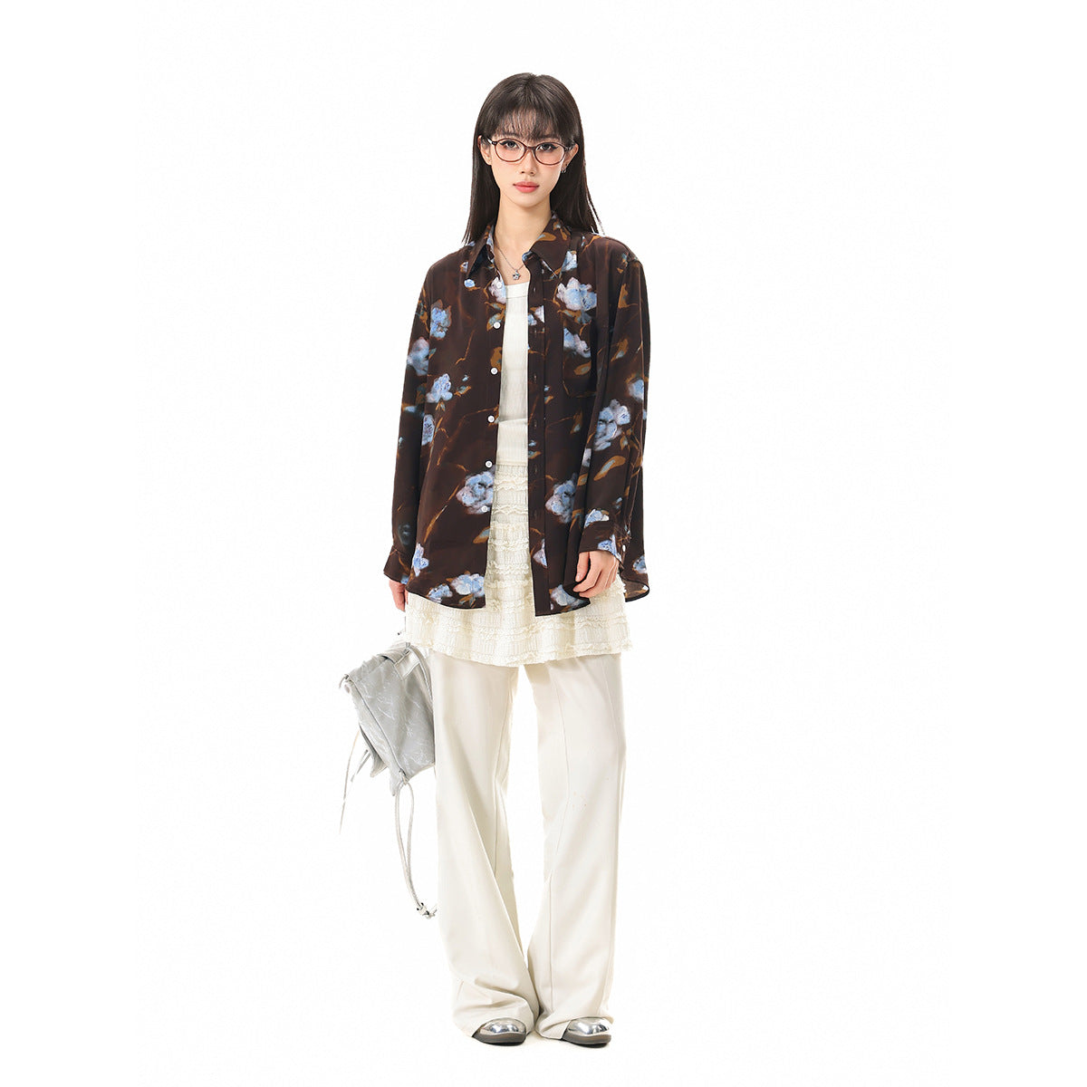 Women's Oversized Shirt Blouse with Abstract Floral Print and Patch Chest Pocket Chichicherry