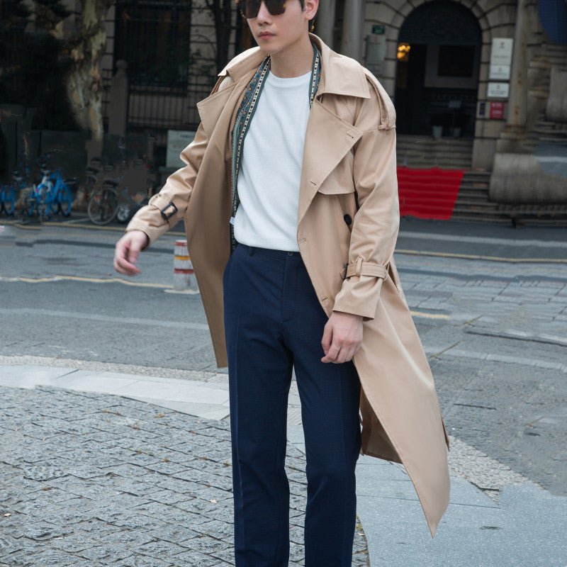 Men's Double-Breasted Trench Coat with Waist Belt and Epaulettes Chichicherry