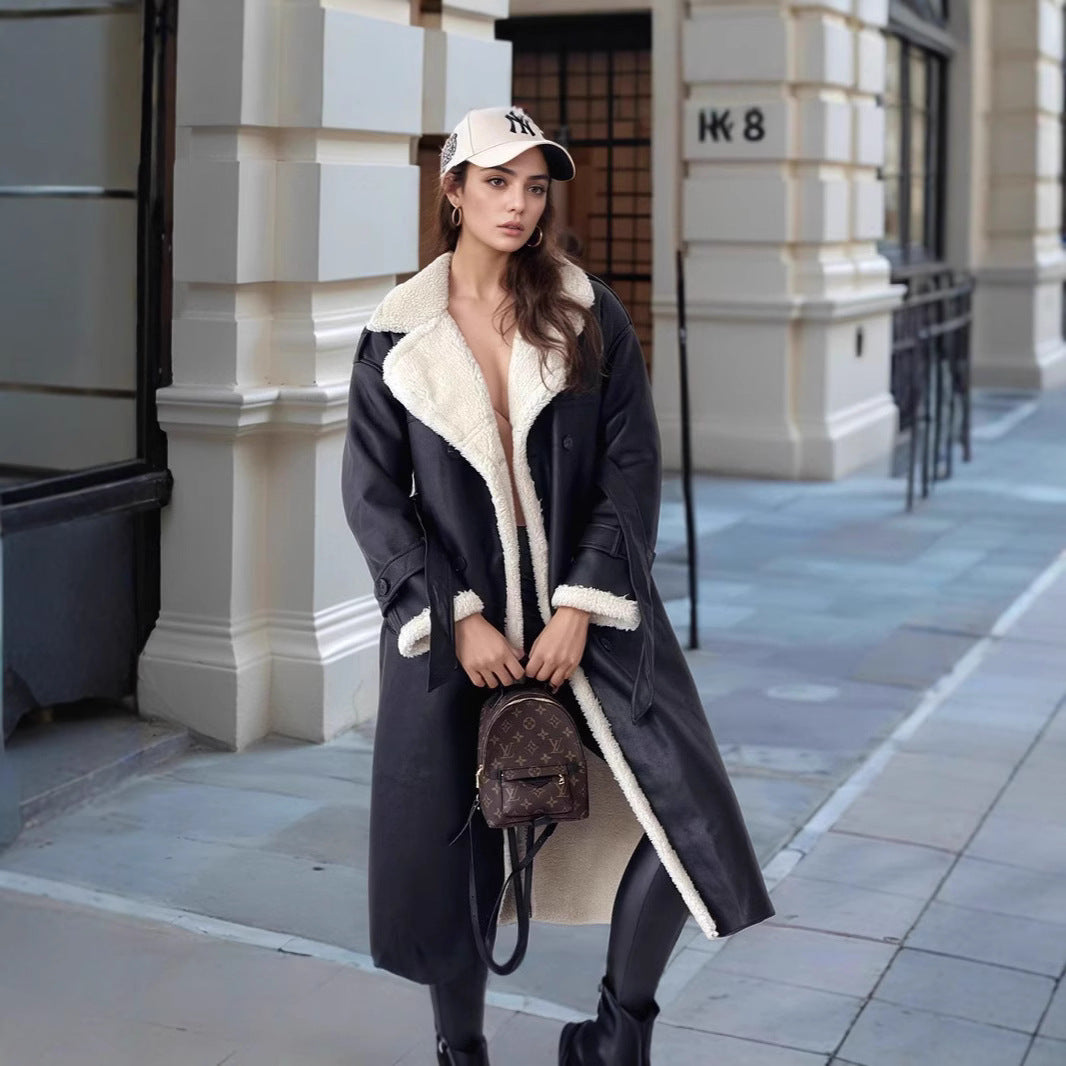 Women's Long Coat with Teddy Lining, Double-Breasted Button Placket and Tailored Fit Chichicherry