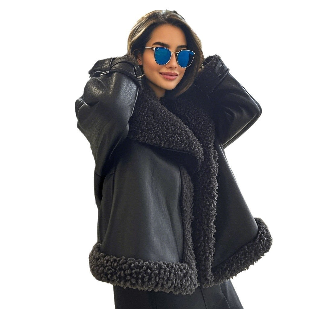 Women’s short-cut aviator leather jacket with teddy lining, large collar, and oversized silhouette Chichicherry