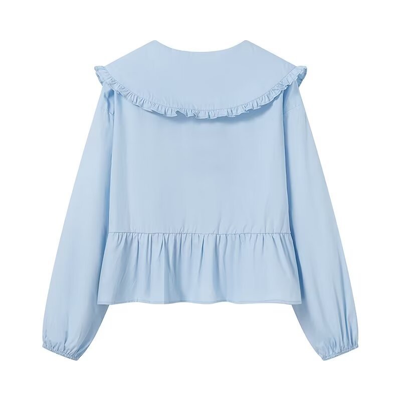 Women's Ruffled Cropped Blouse with Oversized Collar, Ties and Fitted Peplum Chichicherry
