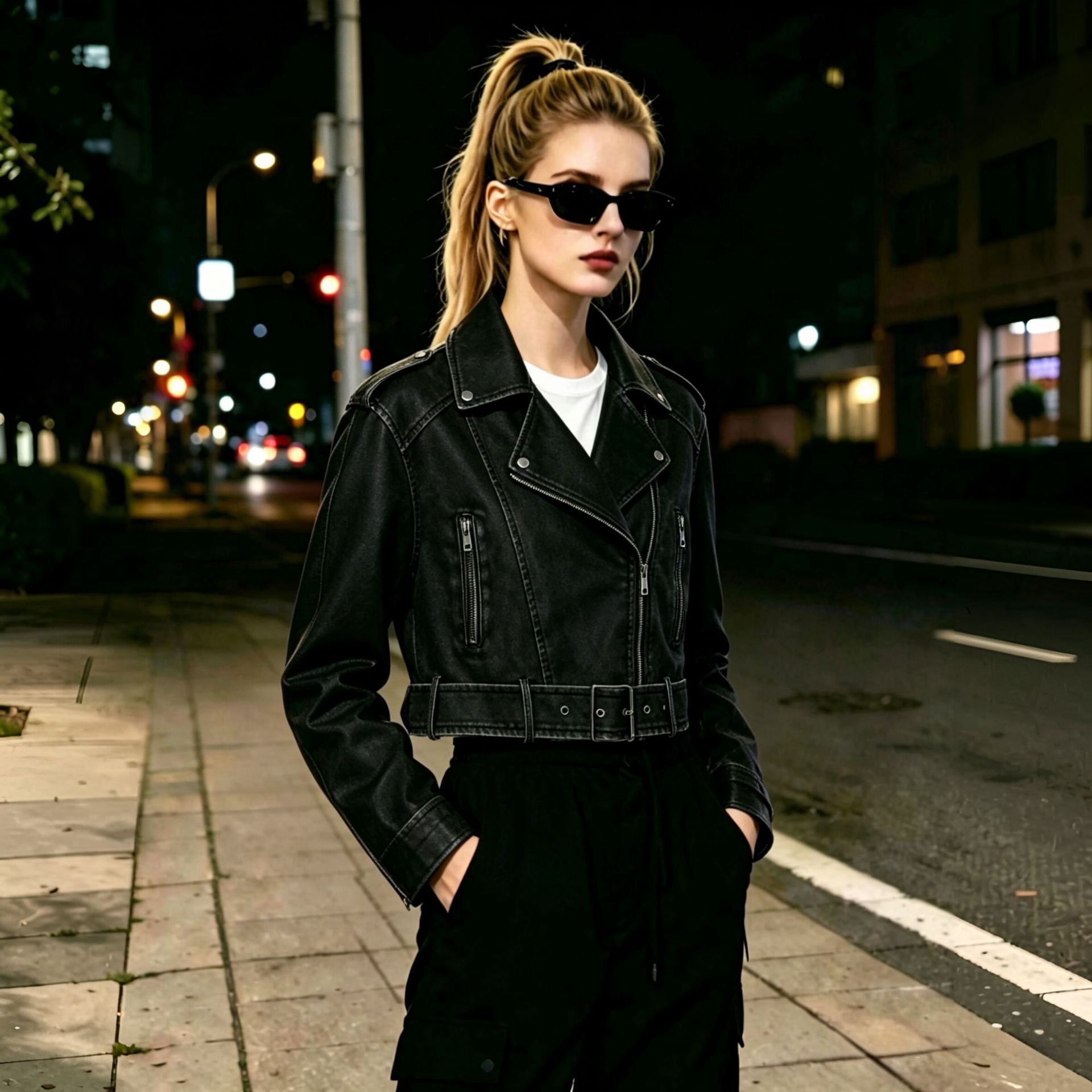 Ladies short cut biker jacket made of vintage faux leather with epaulettes and waist belt Chichicherry