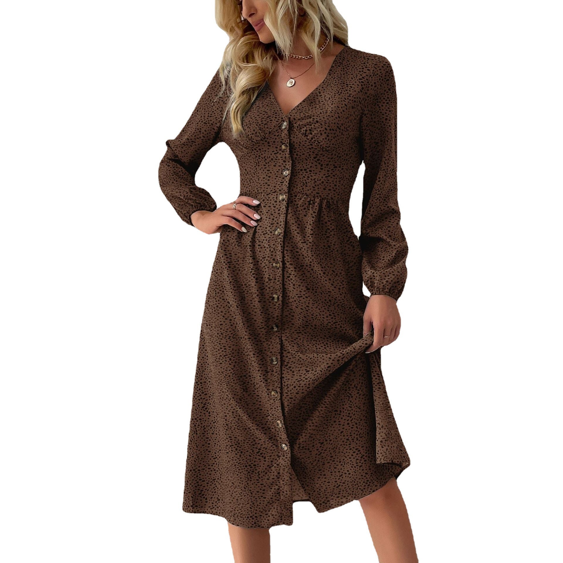 Women's V-neck midi dress with button placket, tailored fit and balloon sleeves Chichicherry