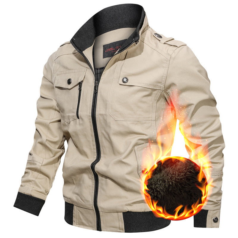 Men's Canvas Field Jacket with High-Closing Collar and Teddy Fleece Lining Chichicherry
