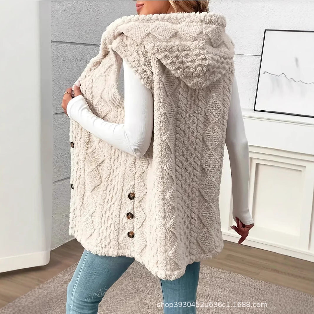 Women Fleece Lined Teddy Vest with Hood and Button Closure Chichicherry