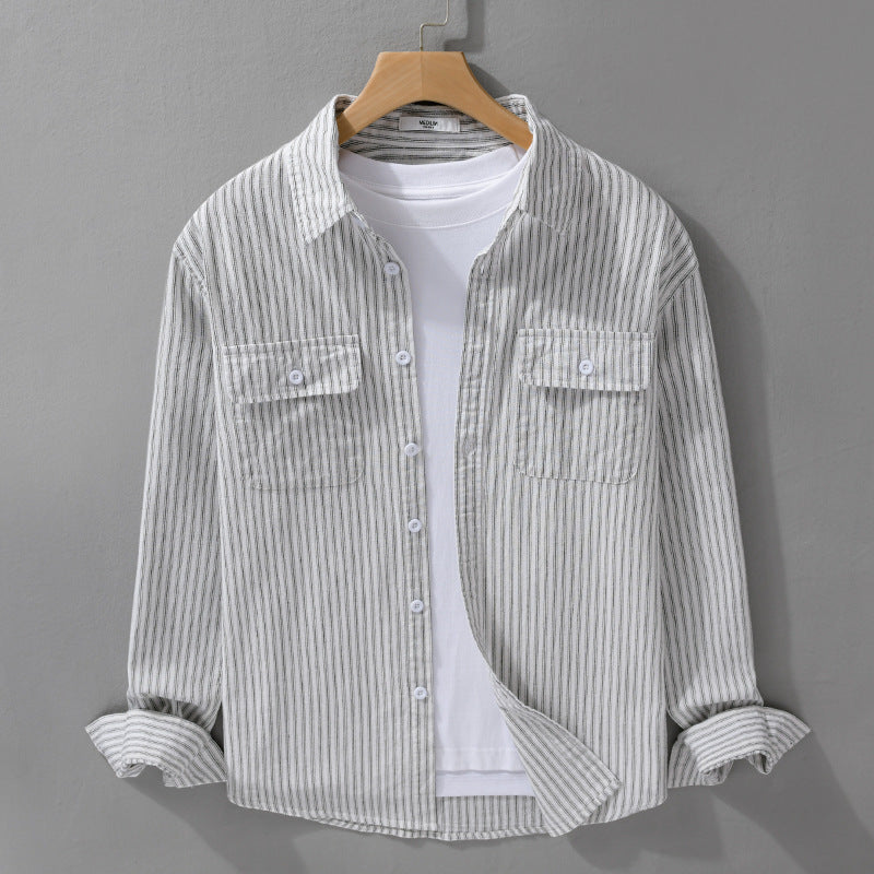 Men's Casual Layering Shirt Jacket in Stripe Relief made of lightweight cotton twill with two flap chest pockets Chichicherry
