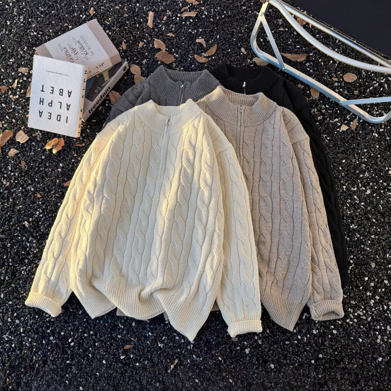 Unisex Oversize-Zopfmuster-Halbzip-Pullover mit extra hohem Rippkragen und schwerer Baumwollmischung Chichicherry