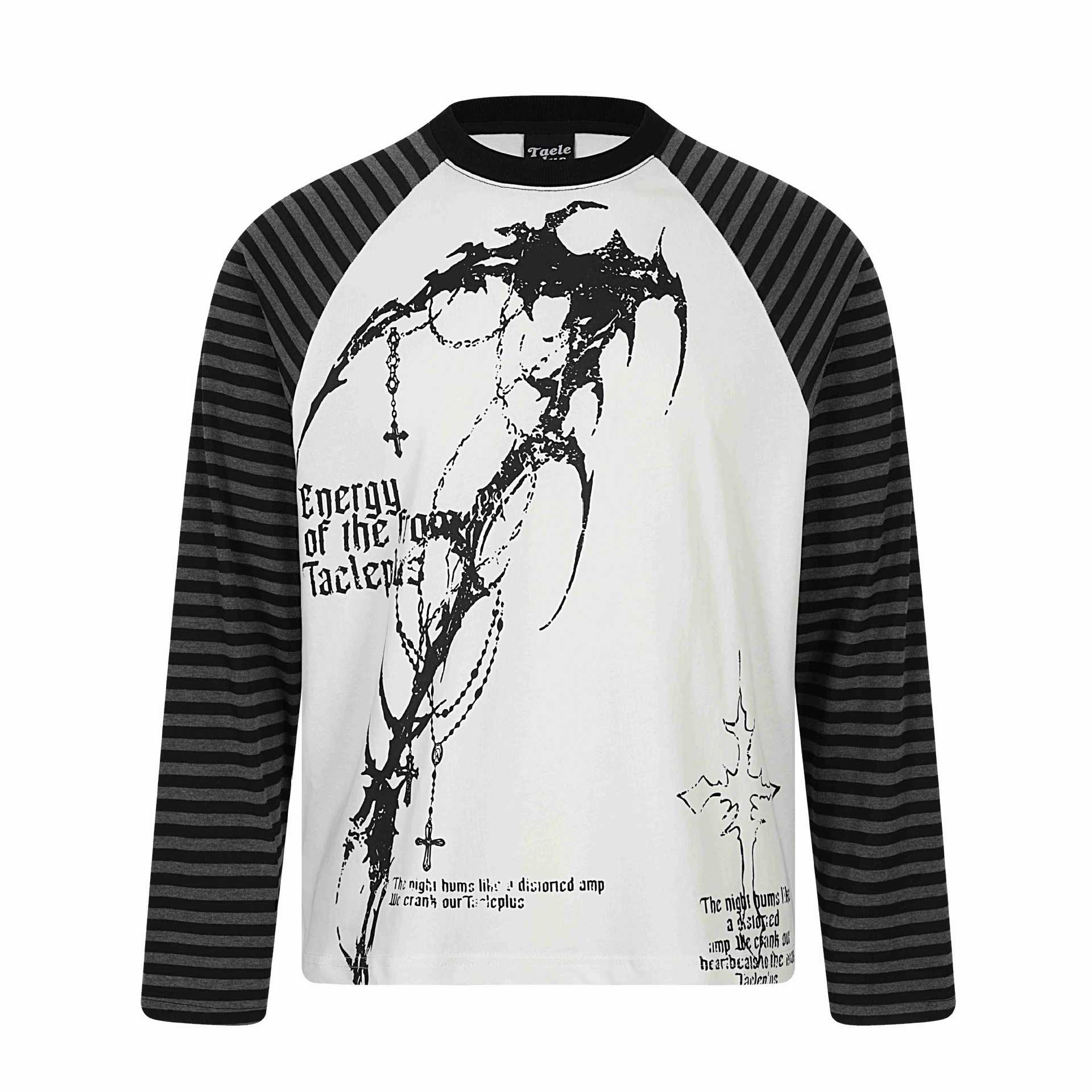 Unisex long sleeve shirt in raglan style with gothic print and striped sleeves Chichicherry