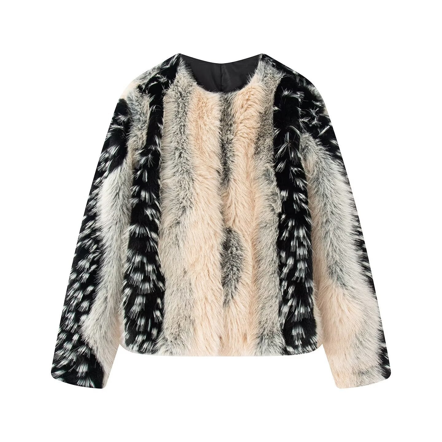 Women's Short Cut Faux Fur Jacket with Striped Fur Texture Chichicherry