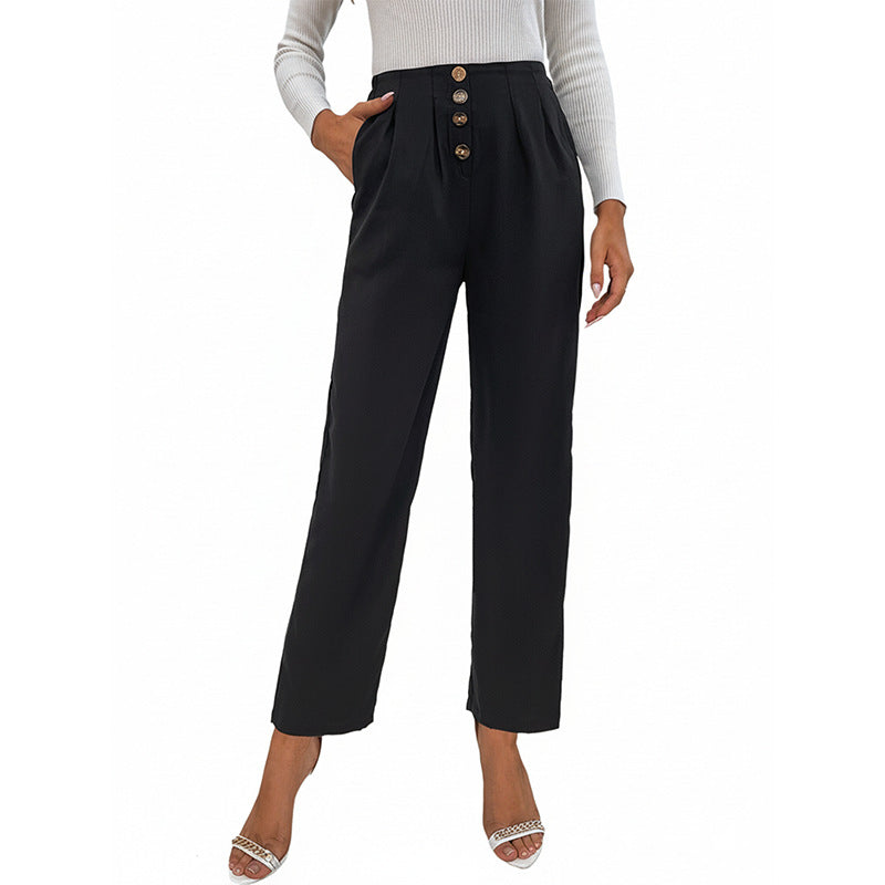 Women's High-Waisted Pleated Trousers with Decorative Button Placket and Straight Leg Chichicherry