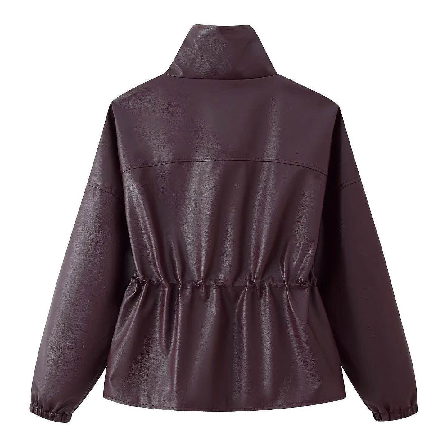 Women Faux Leather Parka with Stand Collar, Waist Drawstring, and Placket Pockets Chichicherry