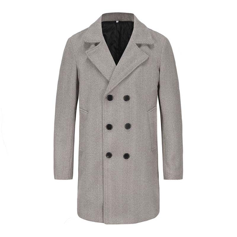 Men's Double-Breasted Herringbone Wool Blend Car Coat with Tailored Fit and Quilted Thermal Lining Chichicherry