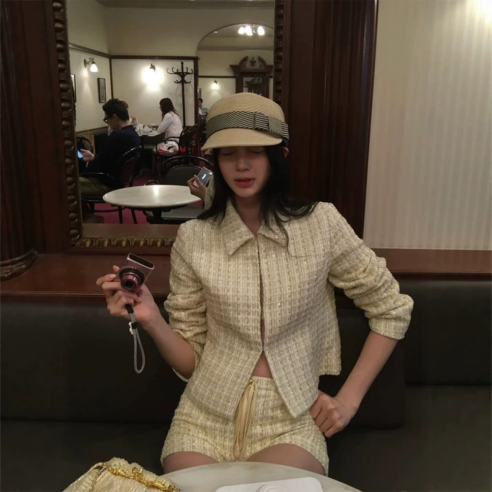 Women Two-Piece Boucle Set with Short Jacket and Drawstring Shorts Chichicherry