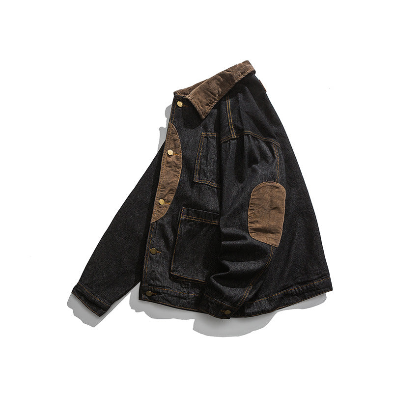 Men's Boxy Denim Work Jacket with Cord Collar, Flap Pockets and Elbow Patches Chichicherry