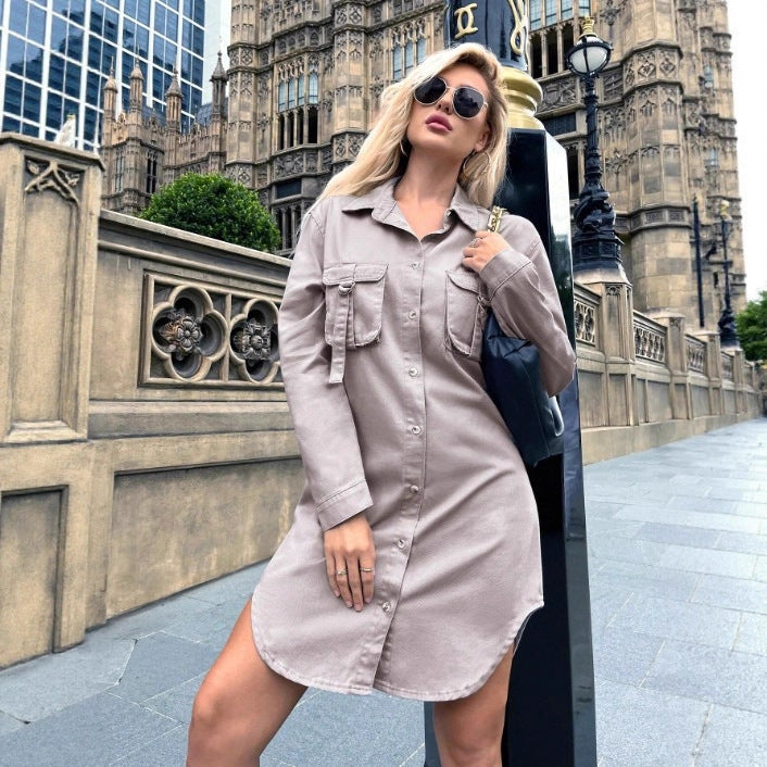 Women Oversized Shirt Dress with Flap Pockets and Curved Hem Chichicherry