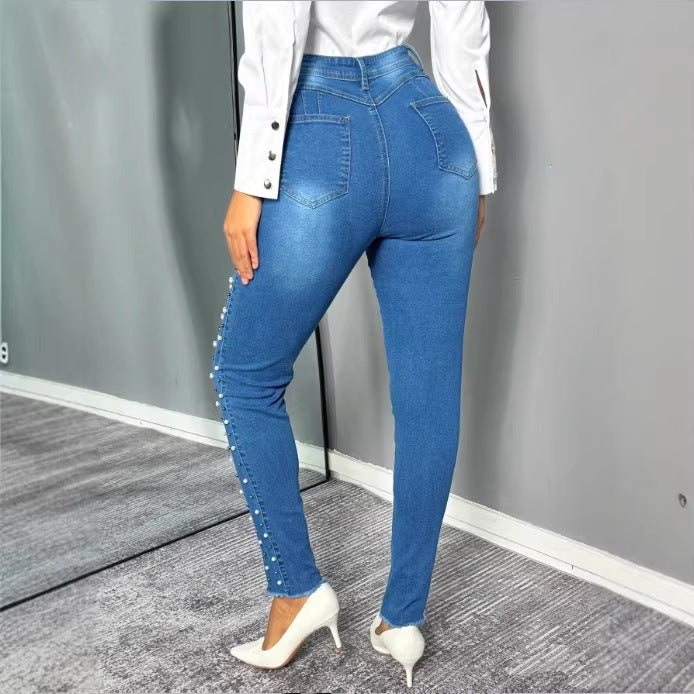 Women's shaping high-waisted skinny jeans with side pearl embellishment Chichicherry