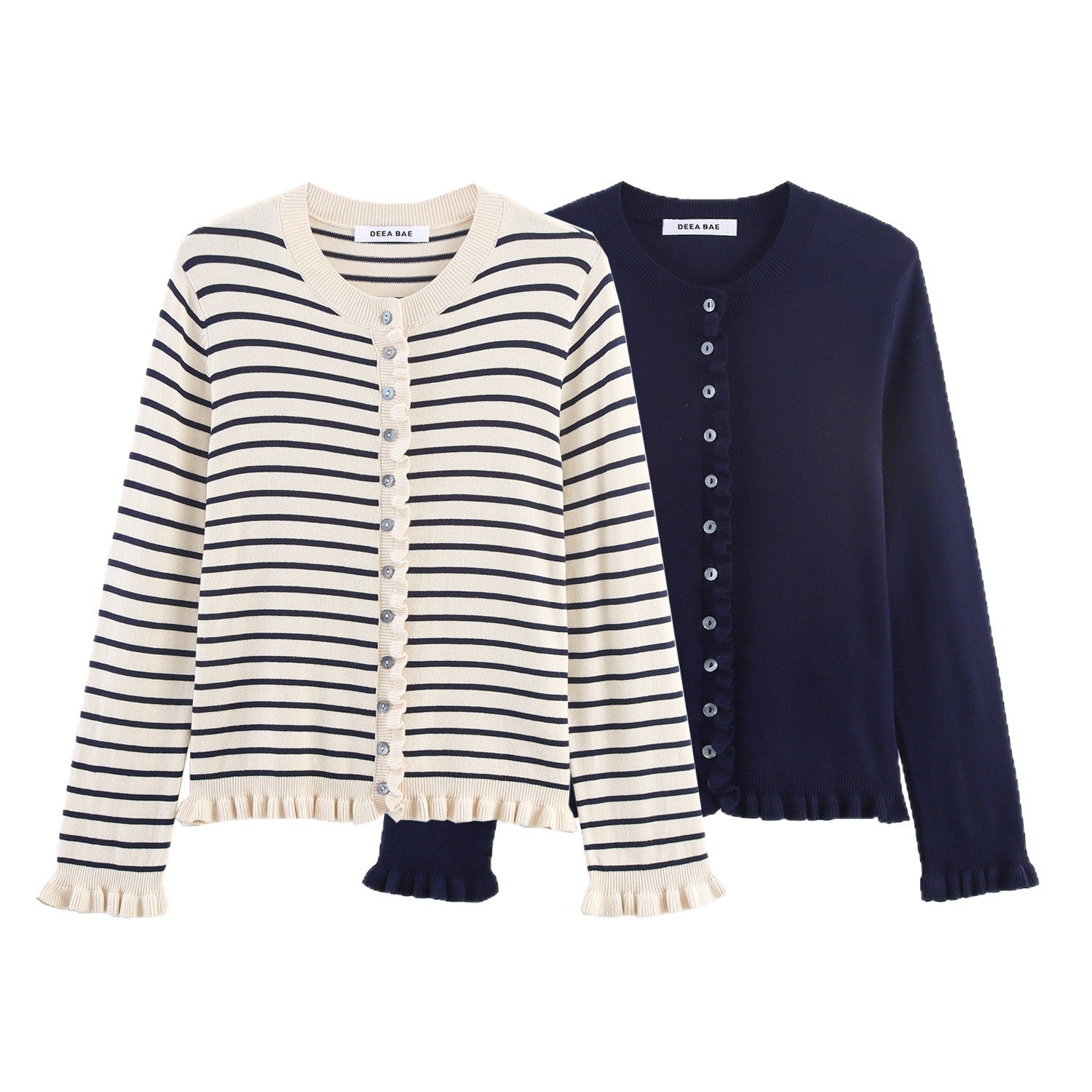 Ladies' Fine Knit Cardigan with Ruffle Trim and Pearl Buttons Chichicherry