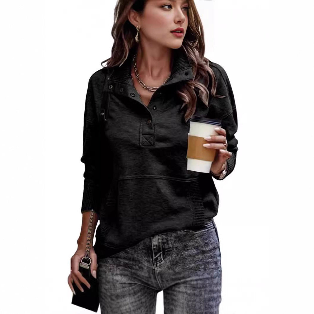 Women's sweat pullover with stand-up collar button placket and kangaroo pocket Chichicherry