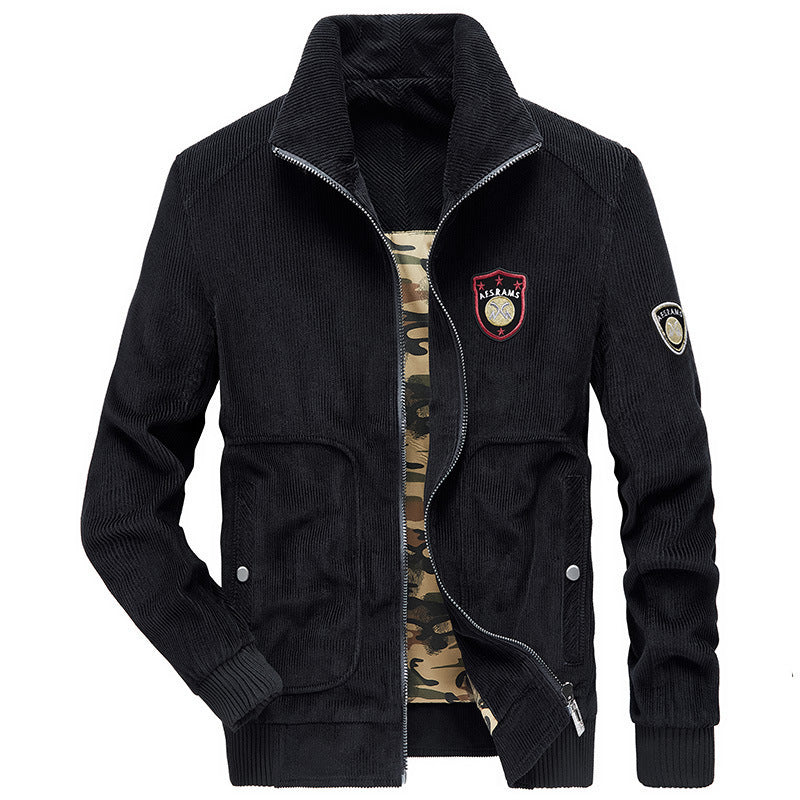 Men's cord jacket with standing collar, full zip, and badge details Chichicherry