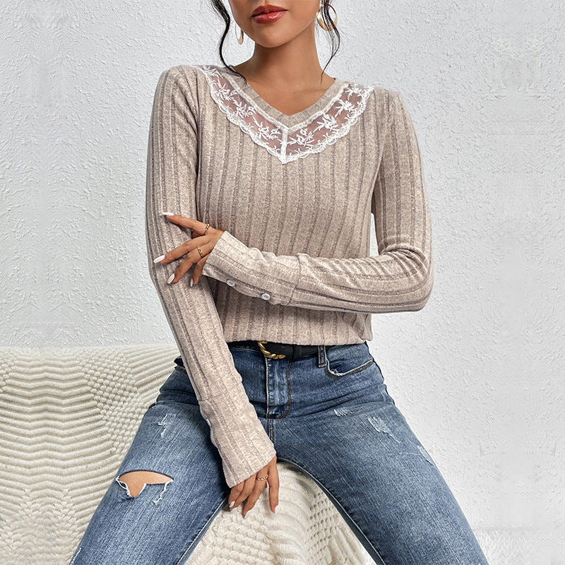 Women's Ribbed Fine Knit Long Sleeve with V-Neck and Lace Yoke Chichicherry