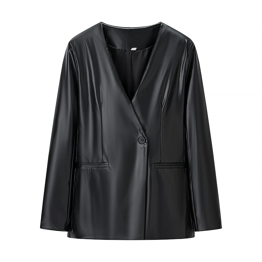 Women Fitted Blazer Jacket in Leather Look with Single Button and Contouring Darts Chichicherry