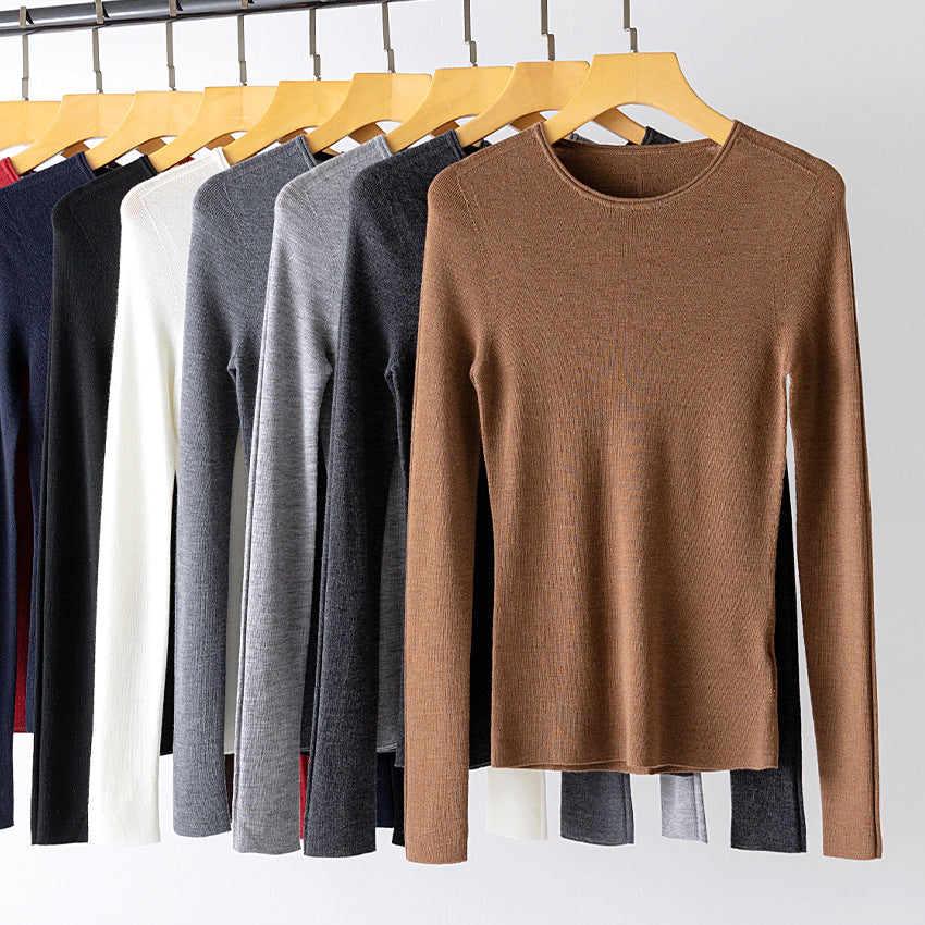 Women Fine Long Sleeve Fine Knit Sweater with Round Neck and Slim Fit Chichicherry