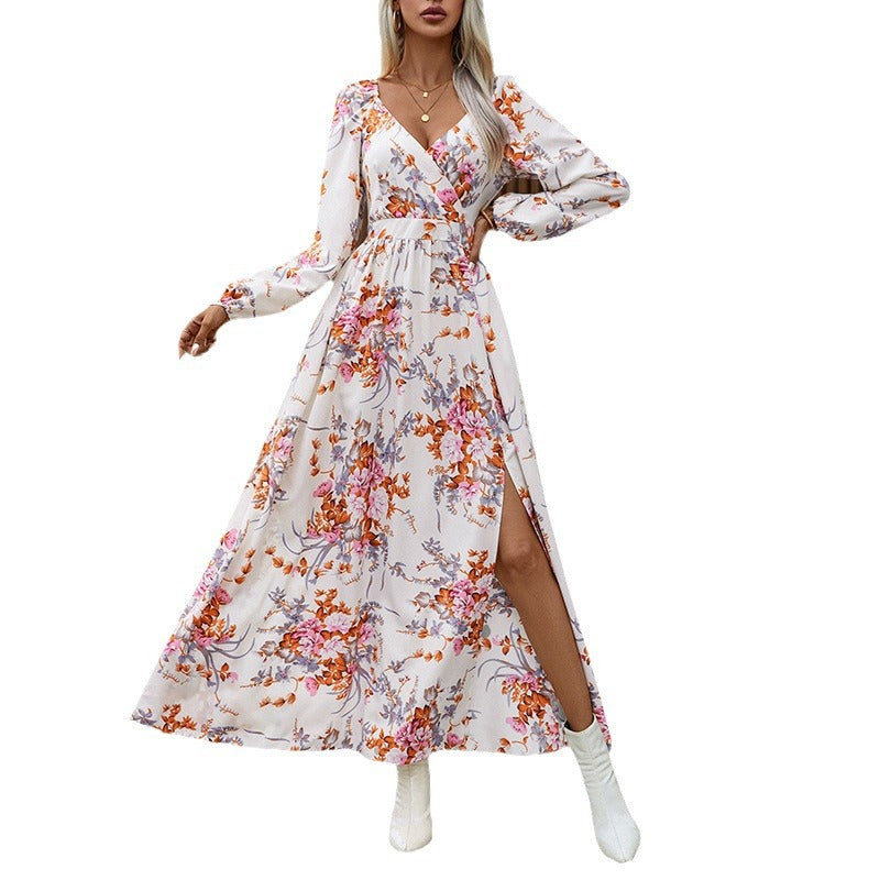 Women’s maxi dress with wrap effect, V-neck, waist gathering & side leg slit Chichicherry